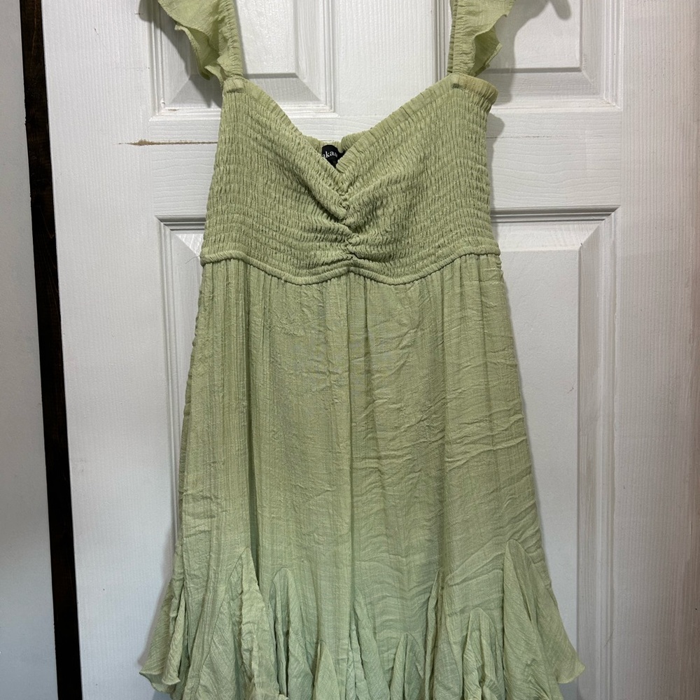 Aakaa Sage Green Smocked Top with Ruffled Straps